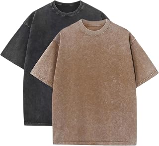 Bobeutou Oversized Vintage Acid Wash Tshirt for Men Cotton Solid T Shirt Streetwear Basic Tees Casual Baggy Loose Shirts Tops