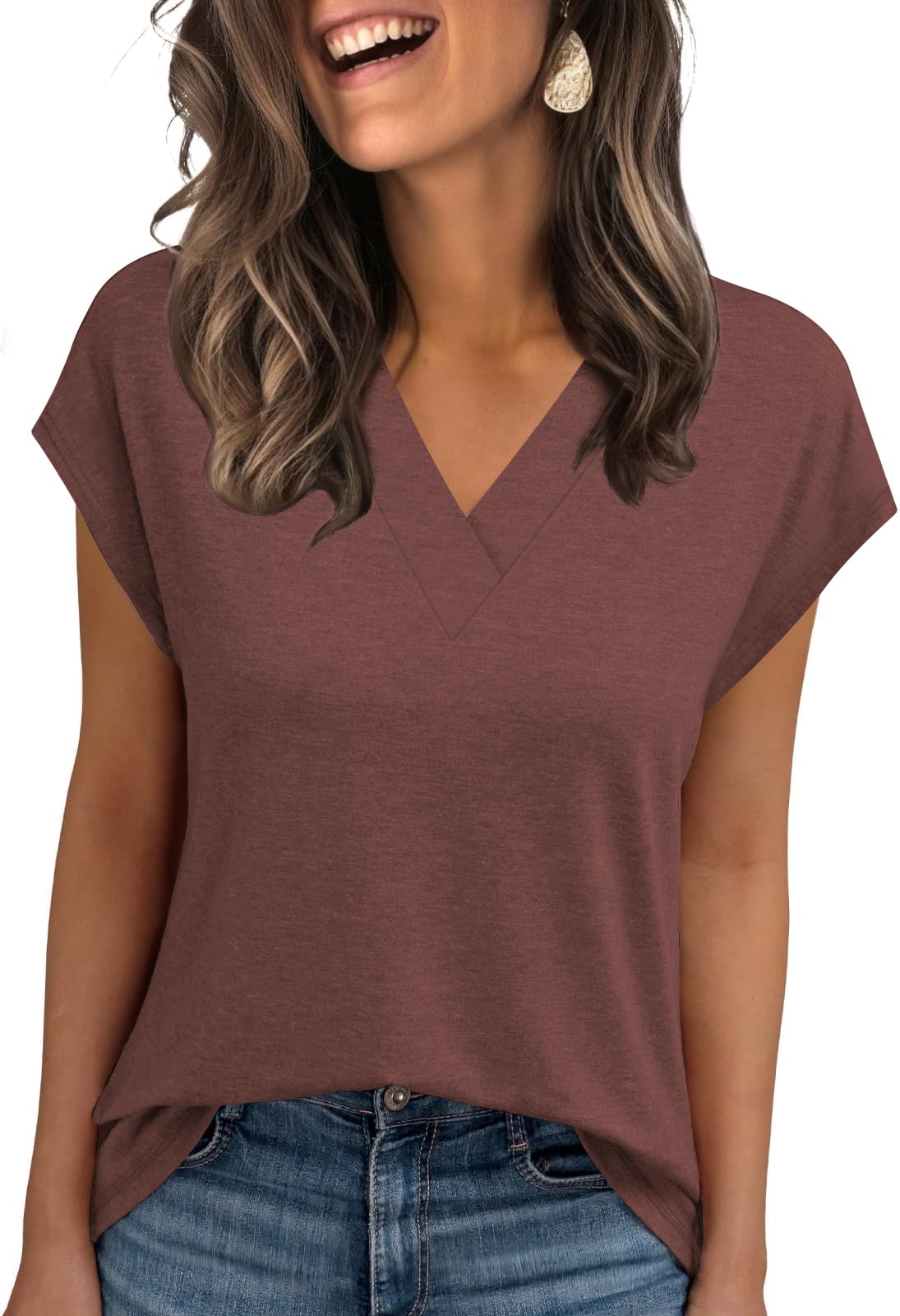Womens Summer Tops Casual Spring V Neck T Shirts Cap Sleeve Basic Trendy Blouses