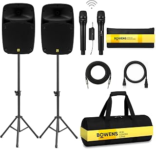 Bowens Dual 8 Inch 400W PA System – Portable Speakers with Bluetooth, USB/SD, LCD & Remote – DJ Sound System with Wireless Karaoke Microphone for Singing/Microfono & Stands