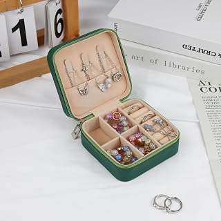 Mini Jewelry Box PU Leather Small Travel Jewelry Case for Ring Earring Necklace Pink Portable Jewelry Organizer Box for Women (Green)