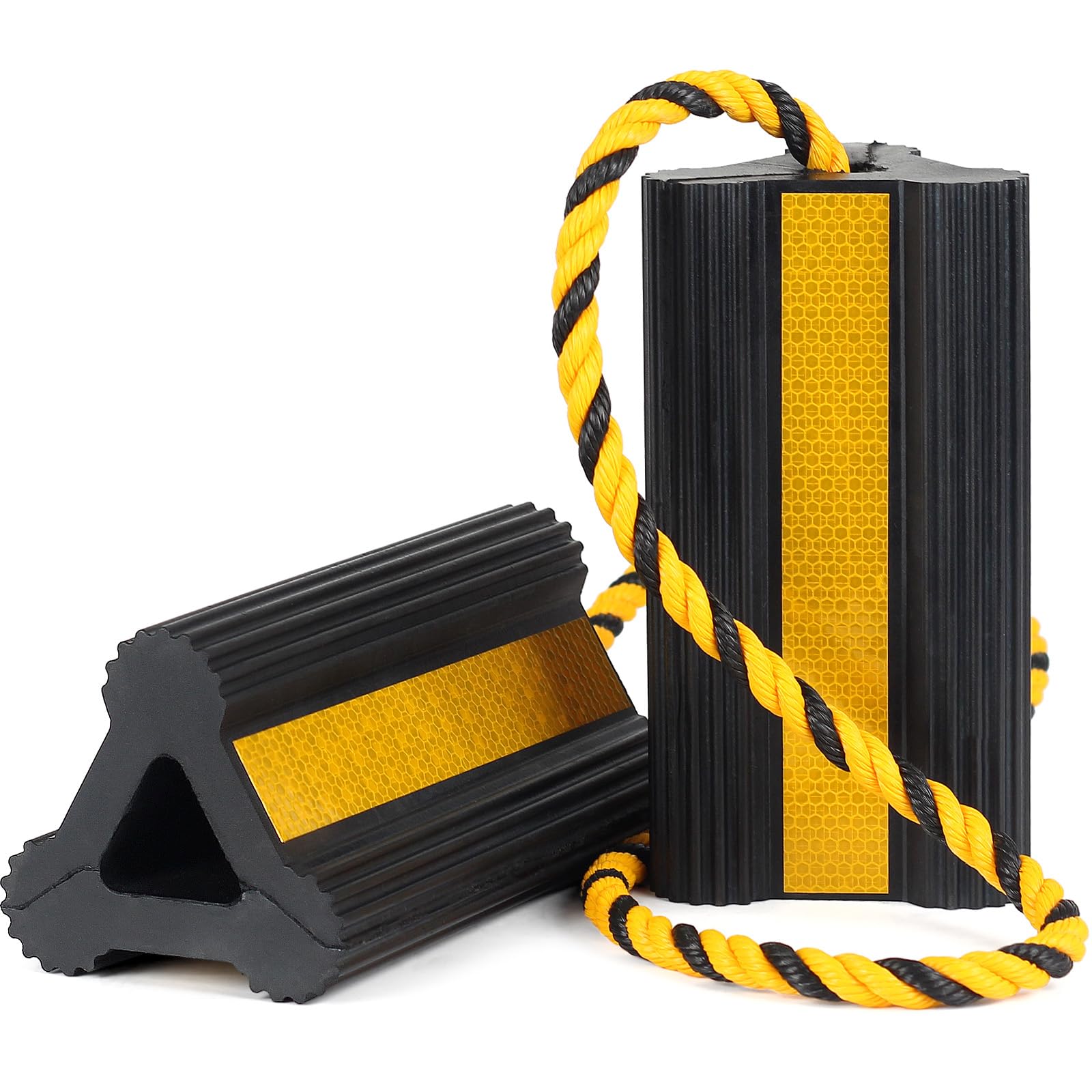 OULEME Heavy Duty Rubber Wheel Chocks with Rope & Reflective Strips | 8.3"x 4.4"