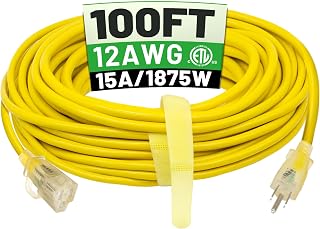POWGRN 100 FT 12/3 Outdoor Extension Cord Waterproof, Heavy Duty Power Cord | 100FT Heavy Duty Flexible Cold-Resistant Long Power Cord Outside, 15Amp 1875W SJTW Yellow ETL Listed