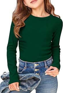 Haloumoning Girls Long Sleeve Shirts Round Neck Ruched Side Slim Fit Ribbed Top Casual Knit T-Shirt 4-15 Years