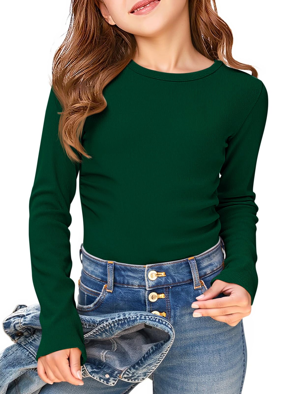 Haloumoning Girls Long Sleeve Shirts Round Neck Ruched Side Slim Fit Ribbed Top 