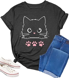 Cat Shirts for Women Black Cat Mom Shirt Cute Animal Graphic Tee Teen Funny Casual Short Sleeve Gift Tee Tops Clothes