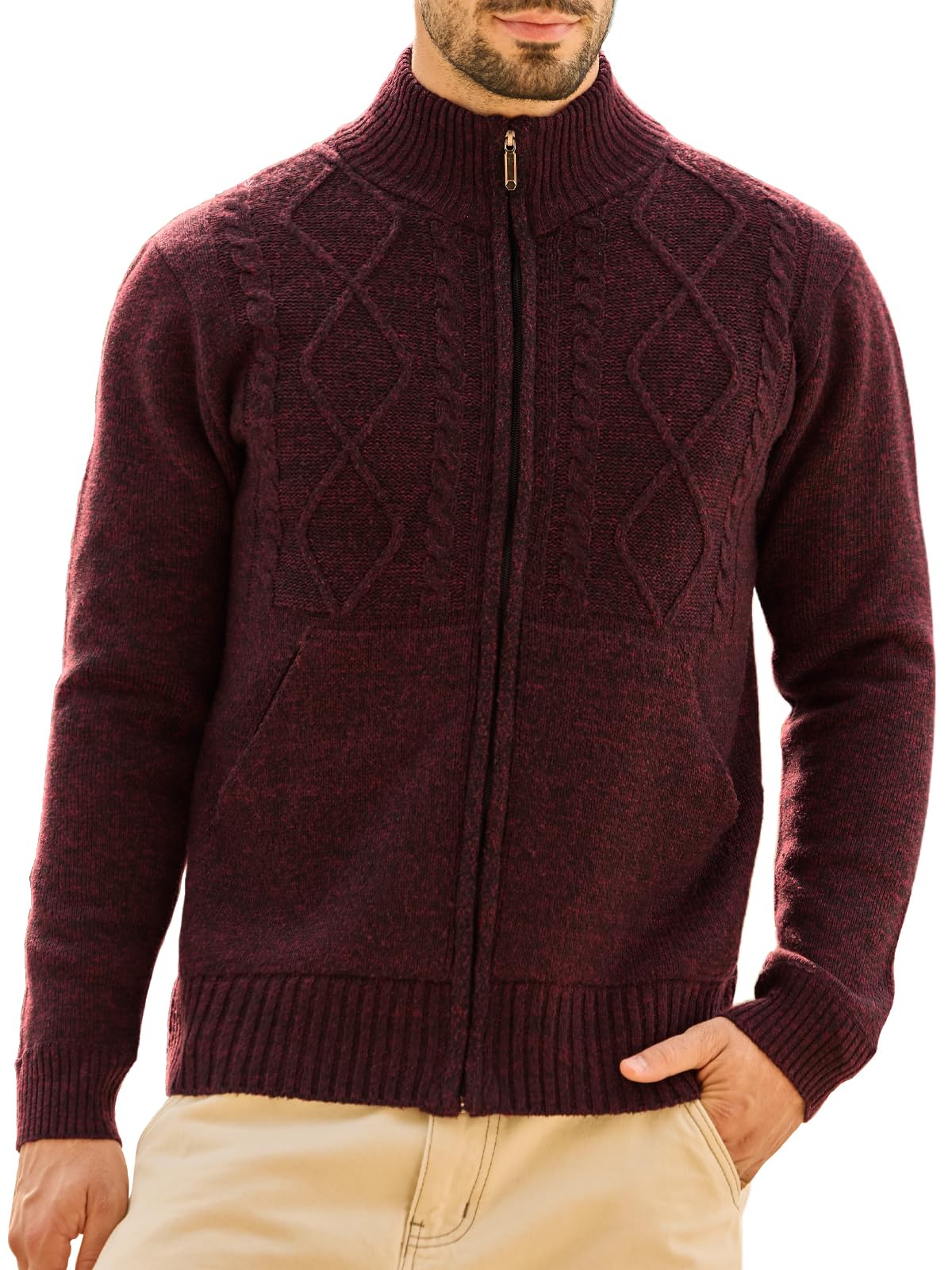Men's Full Zip Cardigan Sweater, Cable Knit Cotton Blend, Stand Collar Zip Up Sw