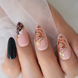 Almond Press On Nail Leopard French Chip Pearl Mixed Color Flower Pattern Glossy Pattern