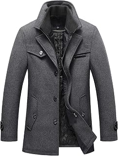 chouyatou Men's Gentle Layered Collar Single Breasted Quilted Lined Wool Blend Pea Coats