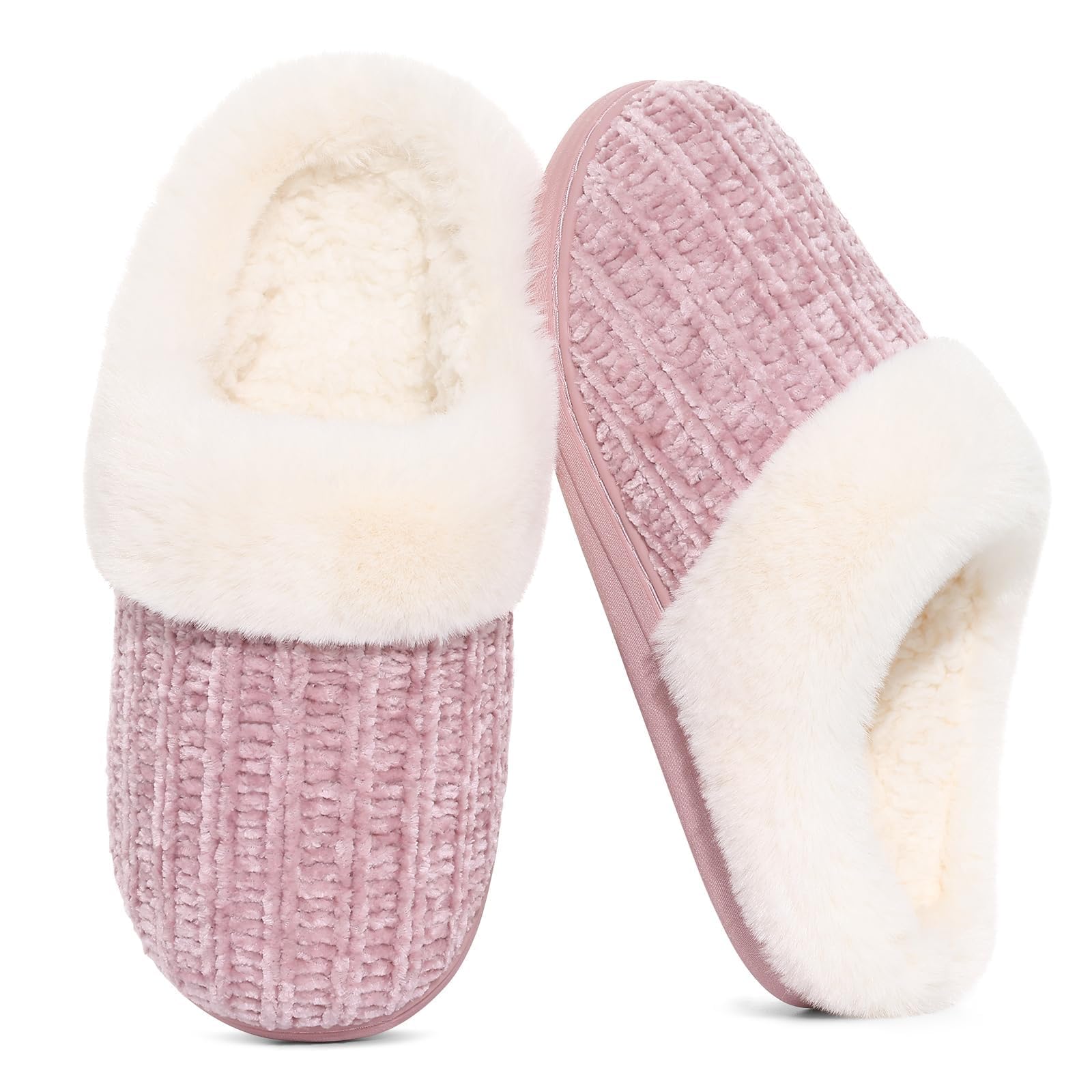 Evshine Women's Chenille Knit Fuzzy Slippers Memory Foam Warm House Shoes