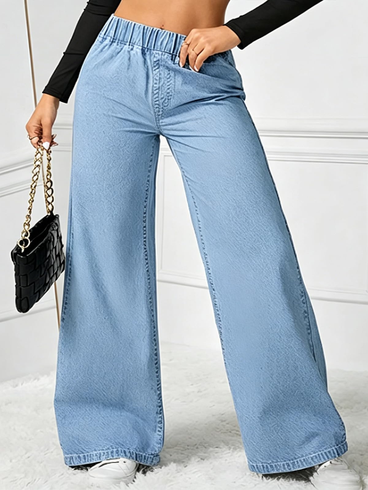 Women Wide Leg Jeans High Waist Stretch Casual Loose Denim Pants