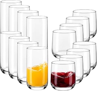 Libbey Ascent Tumbler & Rocks Drinking Glasses Set of 16, Clear Glass Cups | 16.25 oz Tumblers & 13.3 oz Rocks Glasses, 8 Each, Glass Set for Water & Juices, Curved Base, Straight Walls, Dishwasher Safe