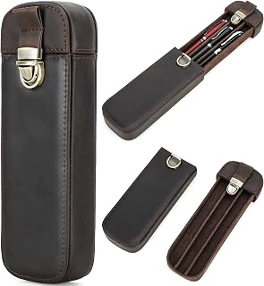 Top Grain Genuine Leather 3 Fountain Pen/Pencil Tray Case Holder, Handmade Minimalist Design, Brass Plug-in Lock with Drawer Design, Gift Choice for Man/Woman/Office, Matte Coffee, 3 Slots