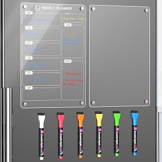 Langaelex 2 Set of Magnetic Meal Planner for Fridge | Acrylic Weekly Planner & Clear Blank Board with 6 Chalk Markers for to-Do List, Shopping List, Menu List (8 x 12)