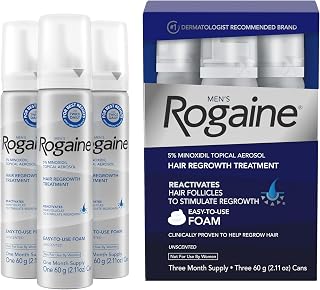 Men's Rogaine 5% Minoxidil Topical Foam, Unscented, 3 x 2.11 oz | Hair Regrowth Foam, Topical Hair Loss Treatment for Men, Regrow Fuller, Thicker Hair, Unscented, Aerosol, 3-Month Supply