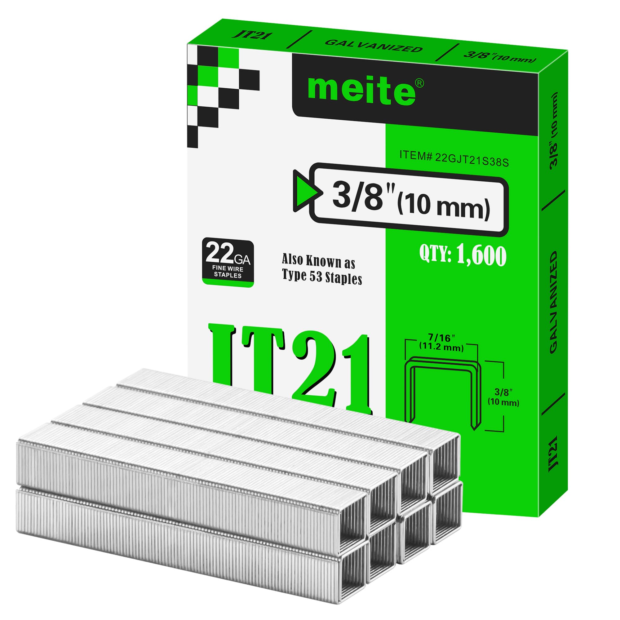 meite JT21 Staples, 3/8 Inch Galvanized Fine Wire Staples for Staple Gun - 1,600