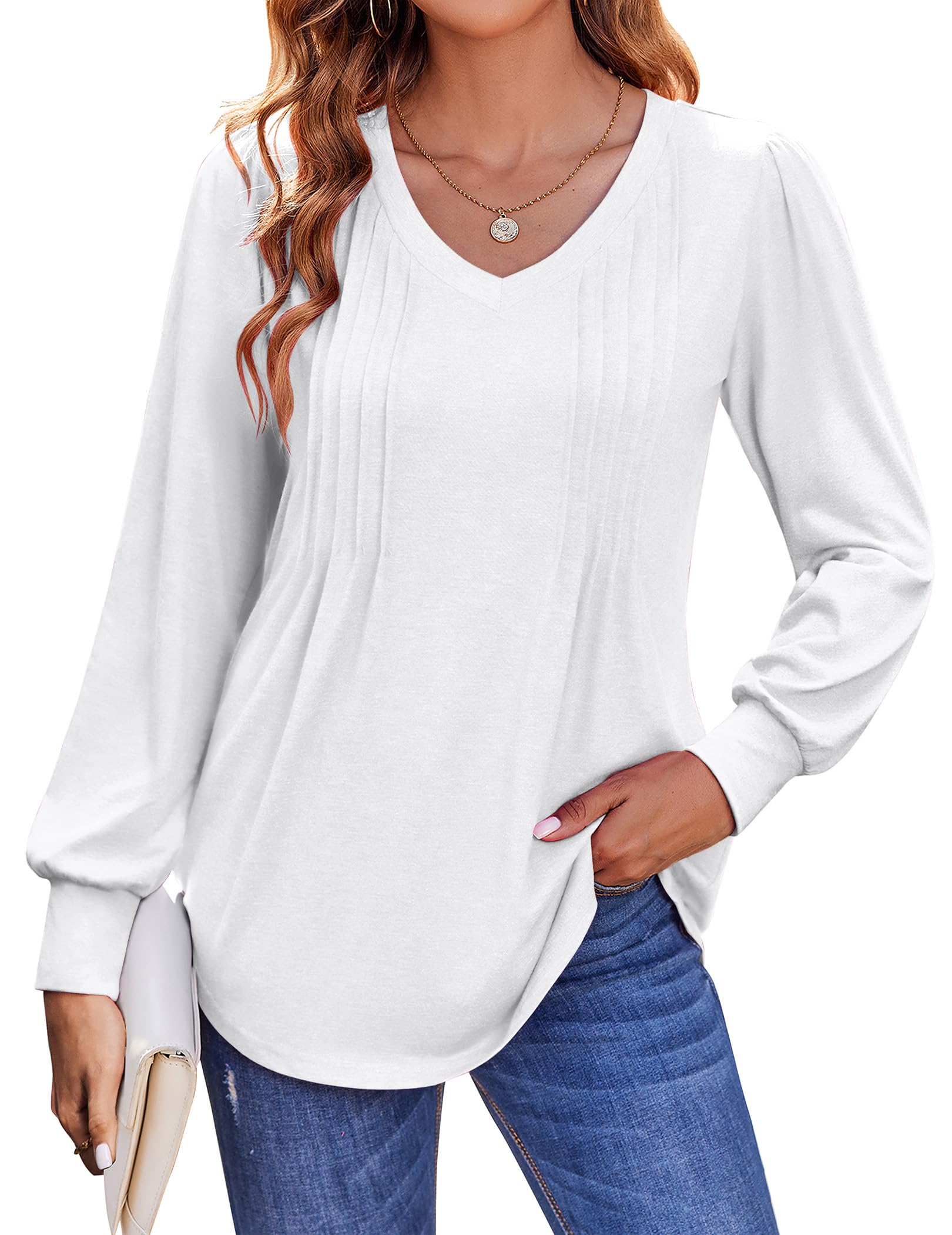 Zeagoo Puff Long Sleeve Shirts for Women Pleated V Neck Fall Tops Blouse Elegant