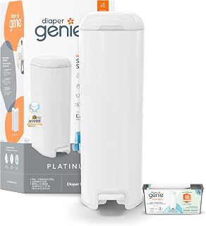 Diaper Genie Platinum Pail | Hands-free odour-locking diaper pail (white) includes Easy Roll tear-off bags holding up to 846 newborn diapers.