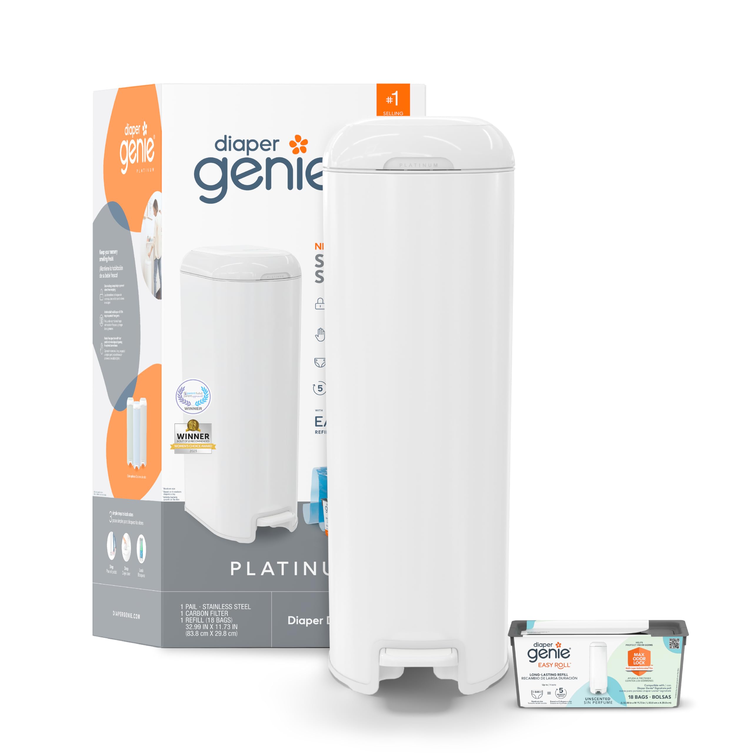 Diaper Genie Platinum Pail | Hands-free odour-locking diaper pail (white) includ