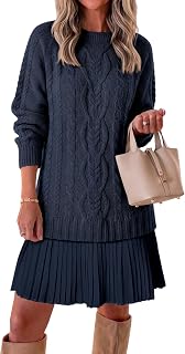 Saodimallsu Womens Cable Knit Sweater Dress Patchwork Pleated Long Sleeve Crewneck Fall Chunky Preppy Mini Dresses