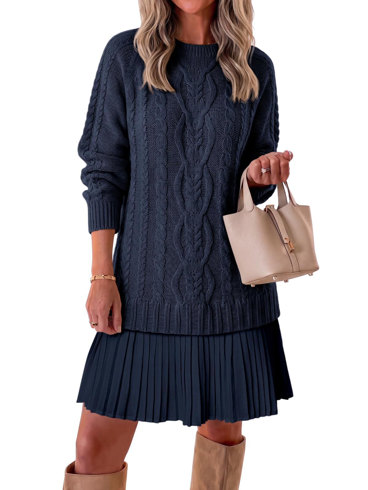 Saodimallsu Womens Cable Knit Sweater Dress Patchwork Pleated Long Sleeve Crewne