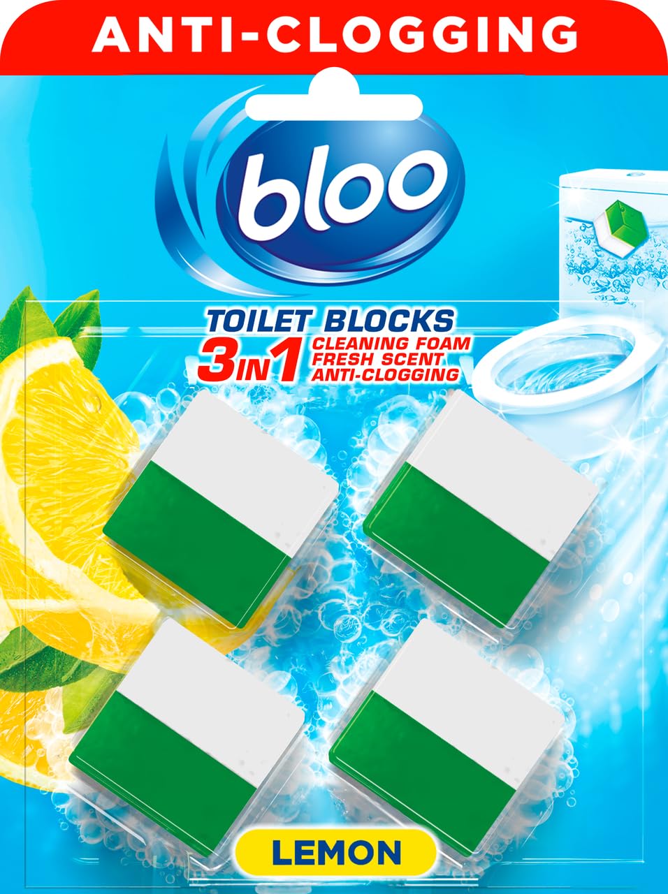 Bloo Toilet Blocks, Lemon, Pack of 4, Lemon | Toilet Cleaner Block, Foaming Acti