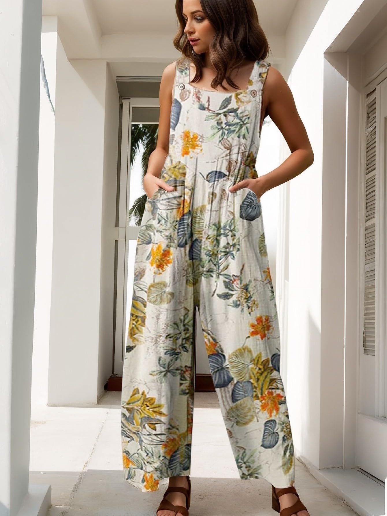 Overalls for Women Casual Loose Summer Jumpsuits Rompers Boho Floral Wide Leg Ju
