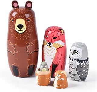 Tngan Russian Nesting Dolls, Bear Wooden Stacking Set, 5 Pcs | Bear Animal Design, Wooden 5-Piece Stacking Set, Display Decor, Gift for Kids and Collectors