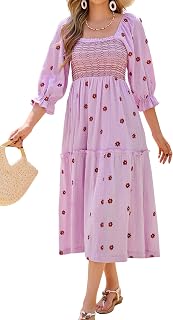 R.Vivimos Women's Long Sleeve Cotton Boho Midi Dress Vintage Square Neck Floral Embroidered Tiered Ruffle Flowy Pockets Dress