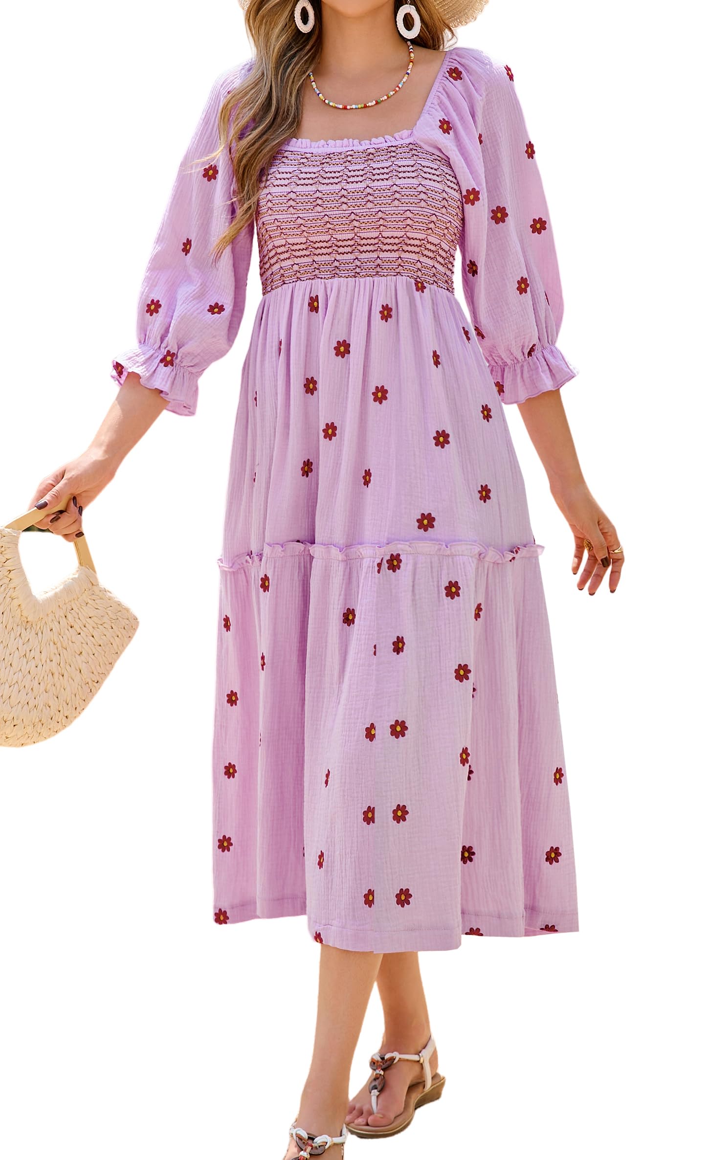 R.Vivimos Women's Long Sleeve Cotton Boho Midi Dress Vintage Square Neck Floral 