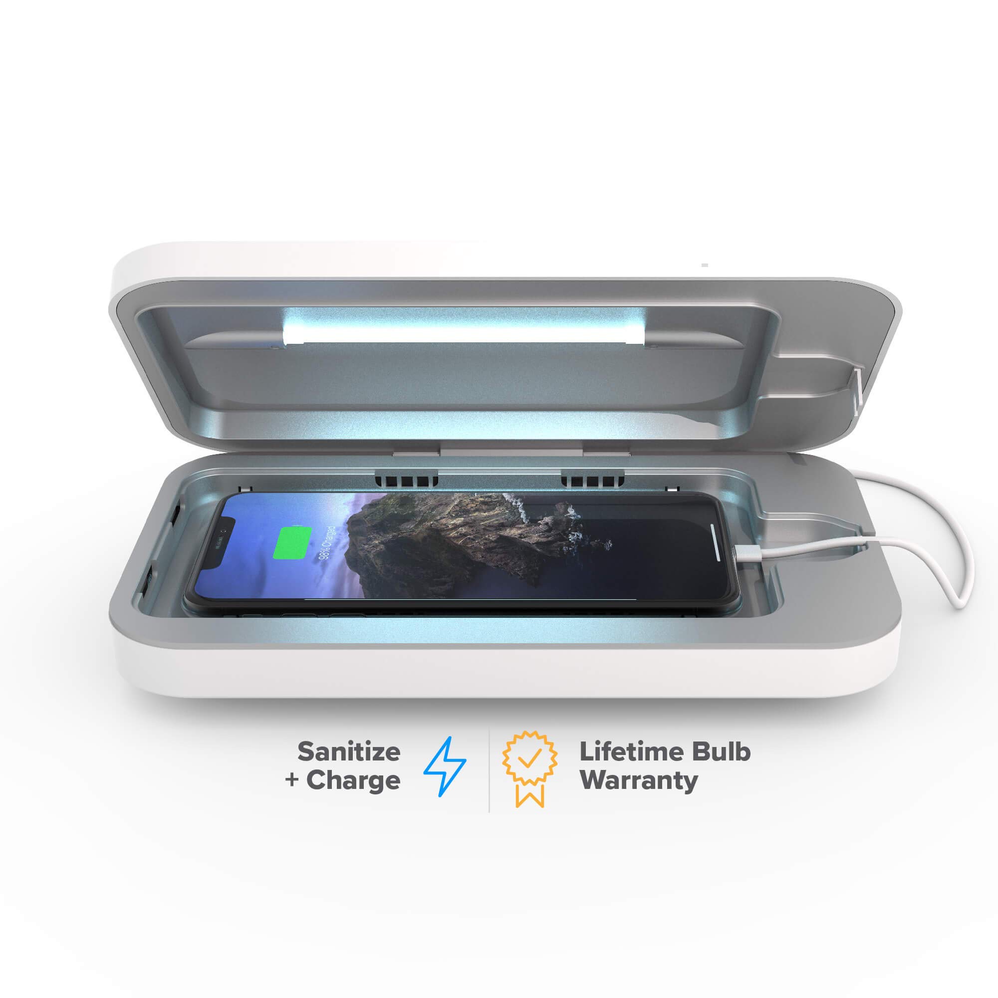 PhoneSoap 3 UV Phone Sanitizer Box & Dual Charger, Patented 360° UVC, White | Pa