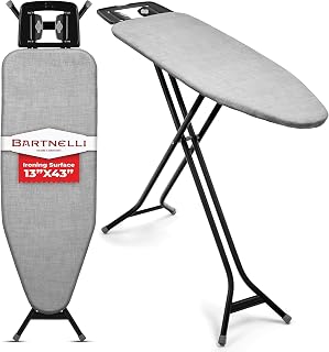 Bartnelli Extreme Stability Ironing Board & Iron Rest 43x13 Iron Surface | Heavy-Duty Metal Frame, Height Adjustable, Foldable 4 Non-Skid Feet, 100% Cotton Cover, Made with Patent European Engineering