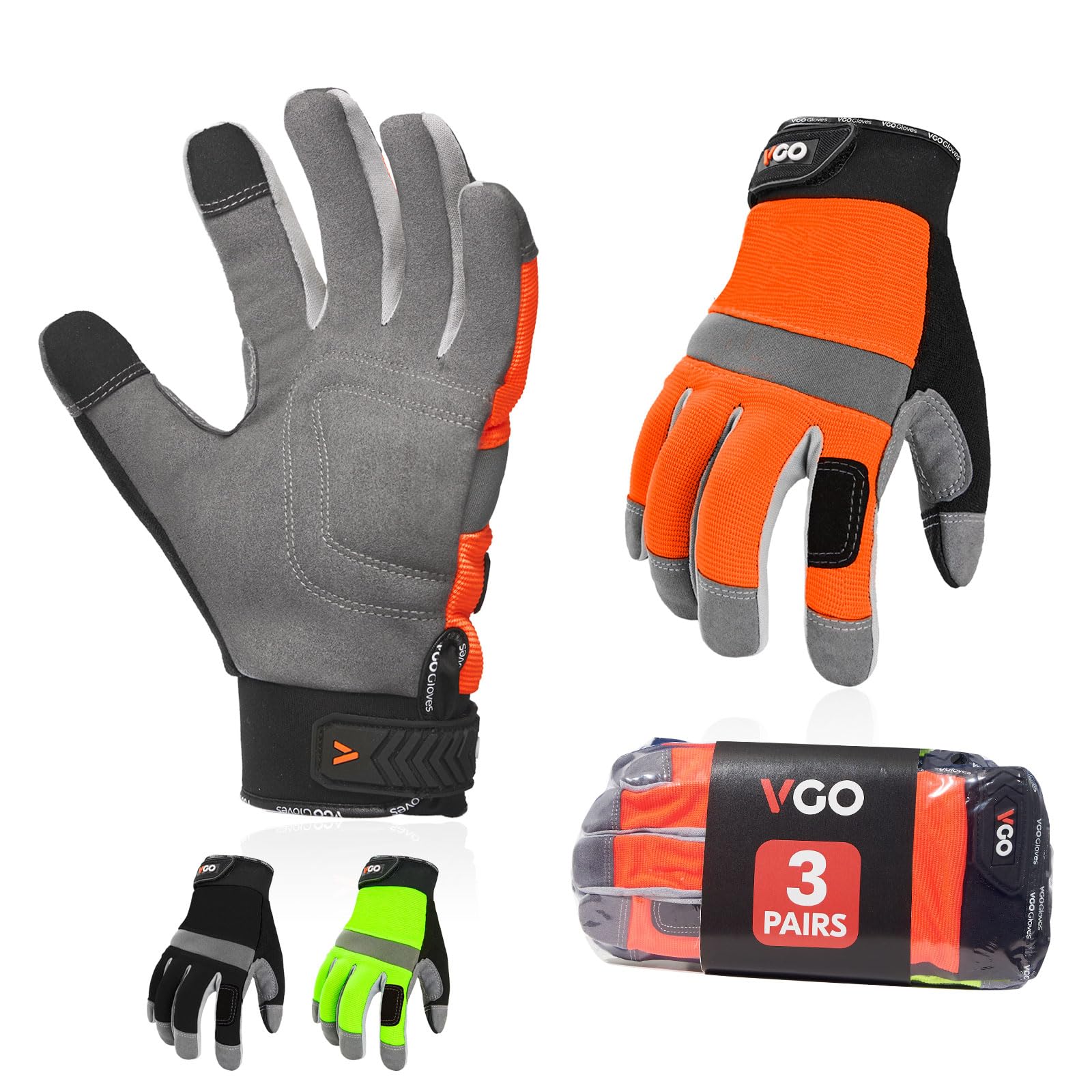 Vgo 3Pairs Safety Work Gloves,Builder Gloves,Gardening Gloves,Light Duty Mechani