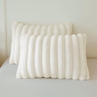 MEGO Fluffy Faux Rabbit Fur Ribbed Standard Pillow Cases Set of 2, Beige