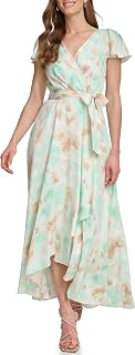 DKNY Women's Flutter Sleeve Surplice Tie Fit & Flare Midi Dress