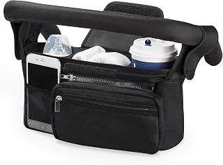 Momcozy Baby Pushchair Organiser, 3 Insulated Cup Holders, Large Capacity | Detachable Zippered Pocket, Adjustable Shoulder Strap for Baby Essentials, Compact Design Fits Any Pram Handlebar