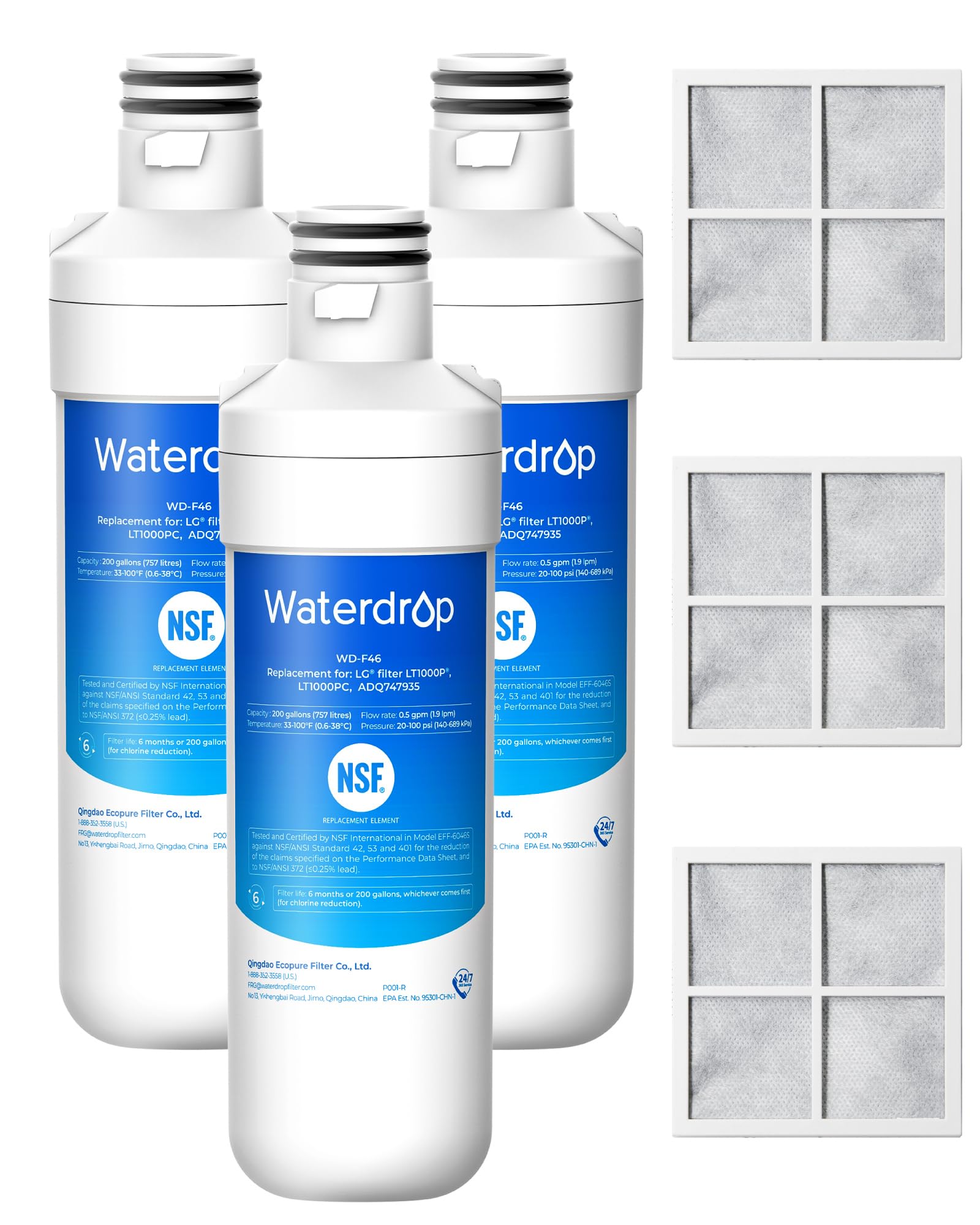 Waterdrop ADQ747935 Refrigerator Water Filter and Air Filter, 3 Combo | Replacem