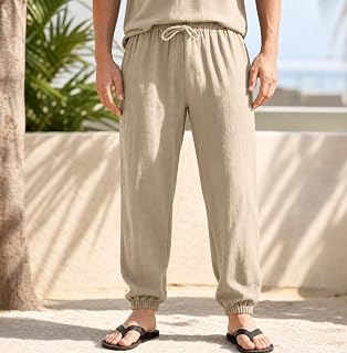 Pantaloni da jogging leggeri da uomo, in lino, con coulisse in vita, pantaloni larghi casual per tutti i giorni o in vacanza