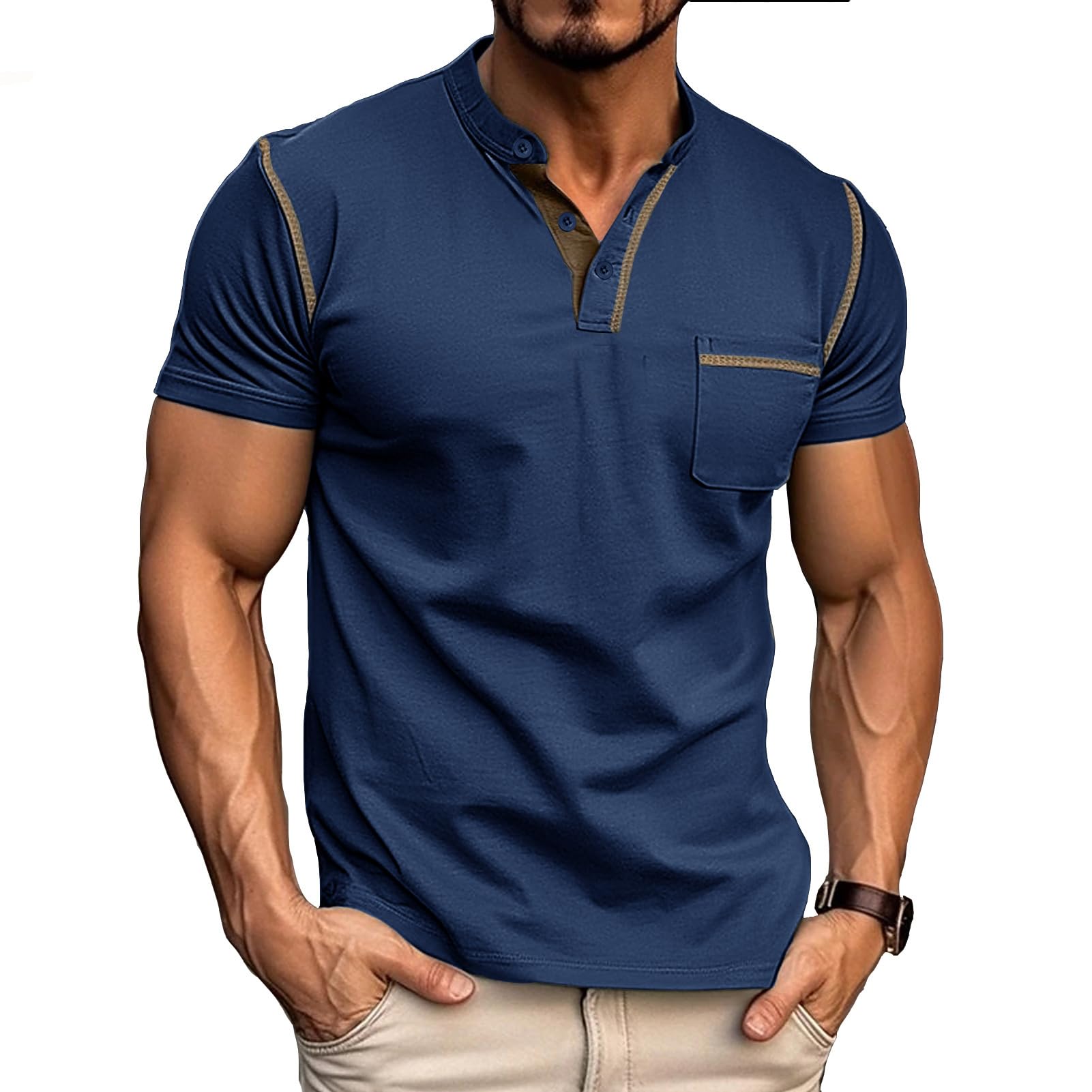 Mens Henley T-Shirts Cotton Short Sleeve Shirts Casual Summer Shirt Tops
