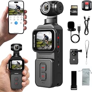 5K Vlogging Pocket Camera with AI Face Tracking, Wi-Fi, 270° Rotating Lens | 5K/20FPS & 4K/60FPS, 1.69'' Touchscreen, 6-Axis Stabilization, for YouTube, TikTok, Travel, includes 128GB Card & Microphone