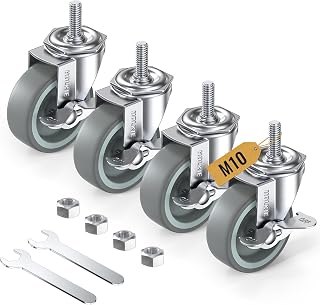HOLKIE Castor Wheels 75mm with Brakes Stem Castors Set of 4 Heavy Duty, M10 x 1.5 x 25mm (Screw Diameter 10mm, Screw Length 25mm) Threaded Stem Caster Locking Swivel Trolley Furniture Casters Grey