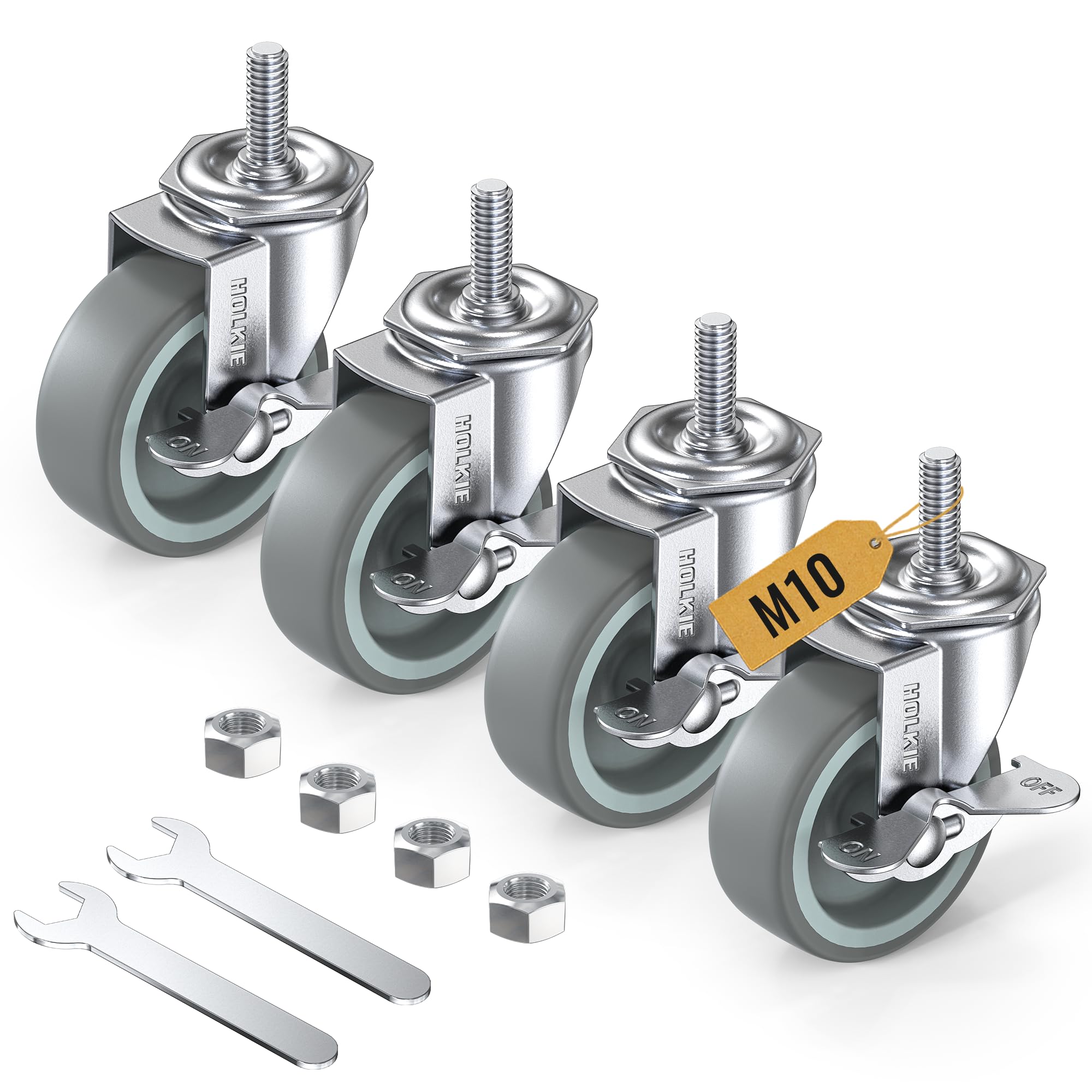 HOLKIE Castor Wheels 75mm with Brakes Stem Castors Set of 4 Heavy Duty, M10 x 1.