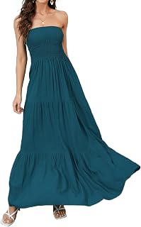 Women Strapless A Line Maxi Dress Tube Top Backless Casual Dress