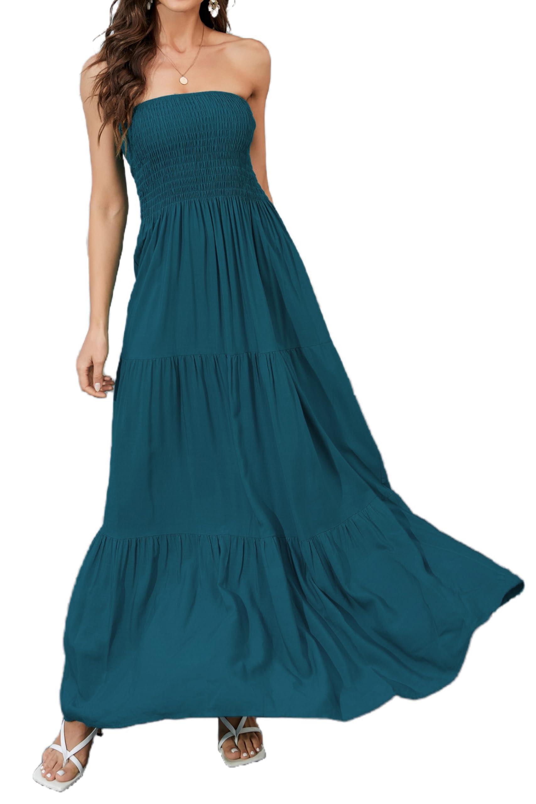 Women Strapless A Line Maxi Dress Tube Top Backless Casual Dress