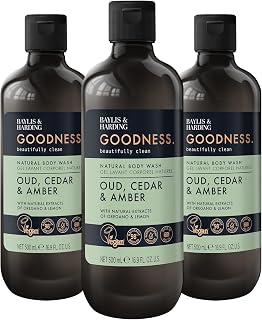 Baylis & Harding Goodness Natural Body Wash 500ml 3 pack | Oud, Cedar & Amber, 98% Naturally Derived, Dermatologist Approved, Vegan Friendly, Made in UK