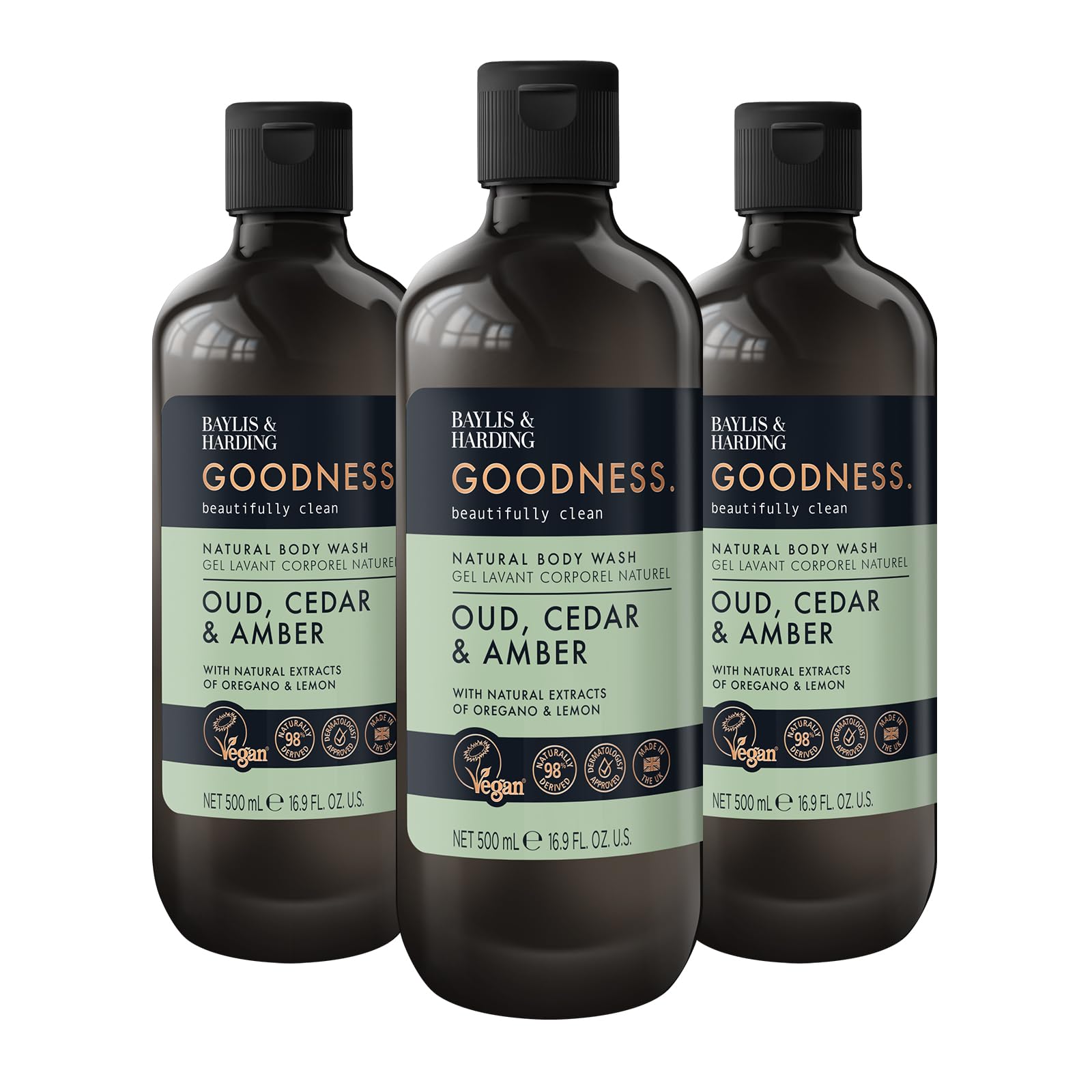 Baylis & Harding Goodness Natural Body Wash 500ml 3 pack | Oud, Cedar & Amber, 9