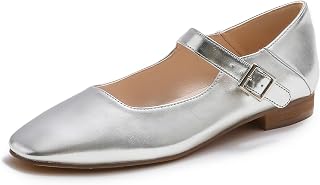 Feversole Women's Square Toe Mary Jane Fashion, Square Toe Easy Buckle Low Heel Slip On Flats in Vegan Leather