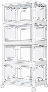 Kmiectse Clear Storage Bins with Lids - 4 Tier 23qt Plastic Stackable Bins | Closet Organizers Box for Bedroom, Living Room, 23 QT Folding Box with Magnetic door