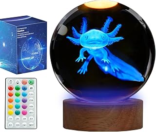 Axolotl Night Light, Axolotl Gifts, 3D Crystal Ball Axolotl Lamp with Remote 16 Color for Birthday Xmas Cool Upgraded 3.15 Inch Crystal Ball Axolotl Figurines Gifts for Room Decor Boys Girls