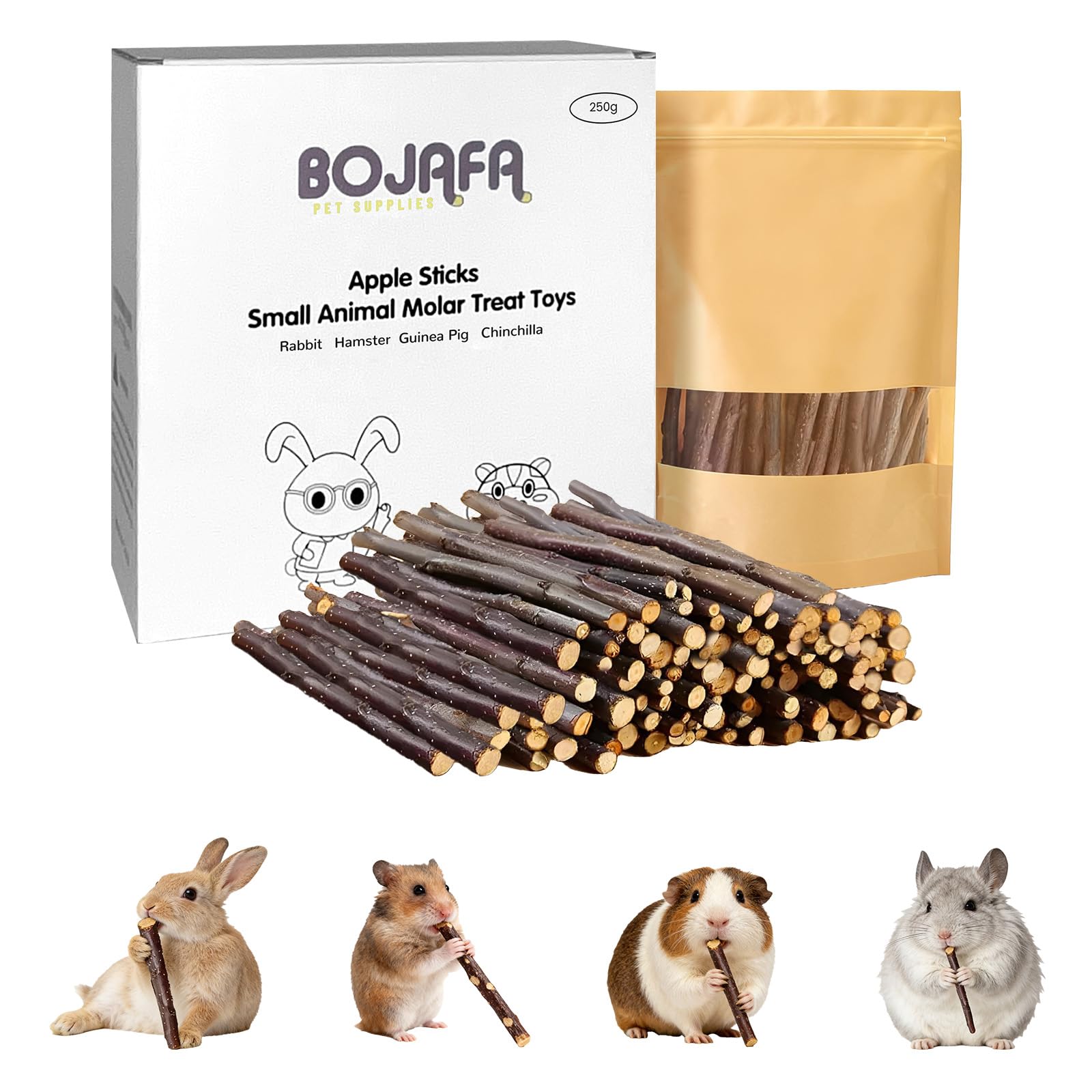 Bojafa 250g Apple Sticks Small Animals Molar Wood Treats Toys for Rabbits Chinch
