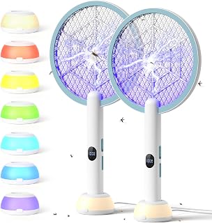YISSVIC Fly Swatter Electric Bug Zapper Racket 4000 Volt Rechargeable Fly Zapper Indoor Outdoor Dual Modes with Attractant Light (White and Blue 2 Pack)